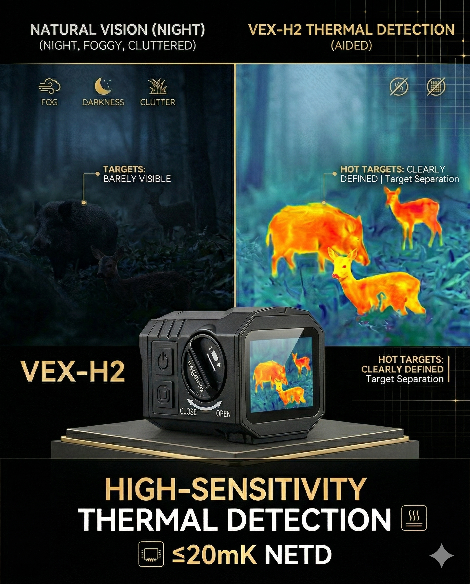 High-sensitivity thermal detection display of Caseeda VEX-H2 with ≤20mK NETD, providing clear target separation in total darkness