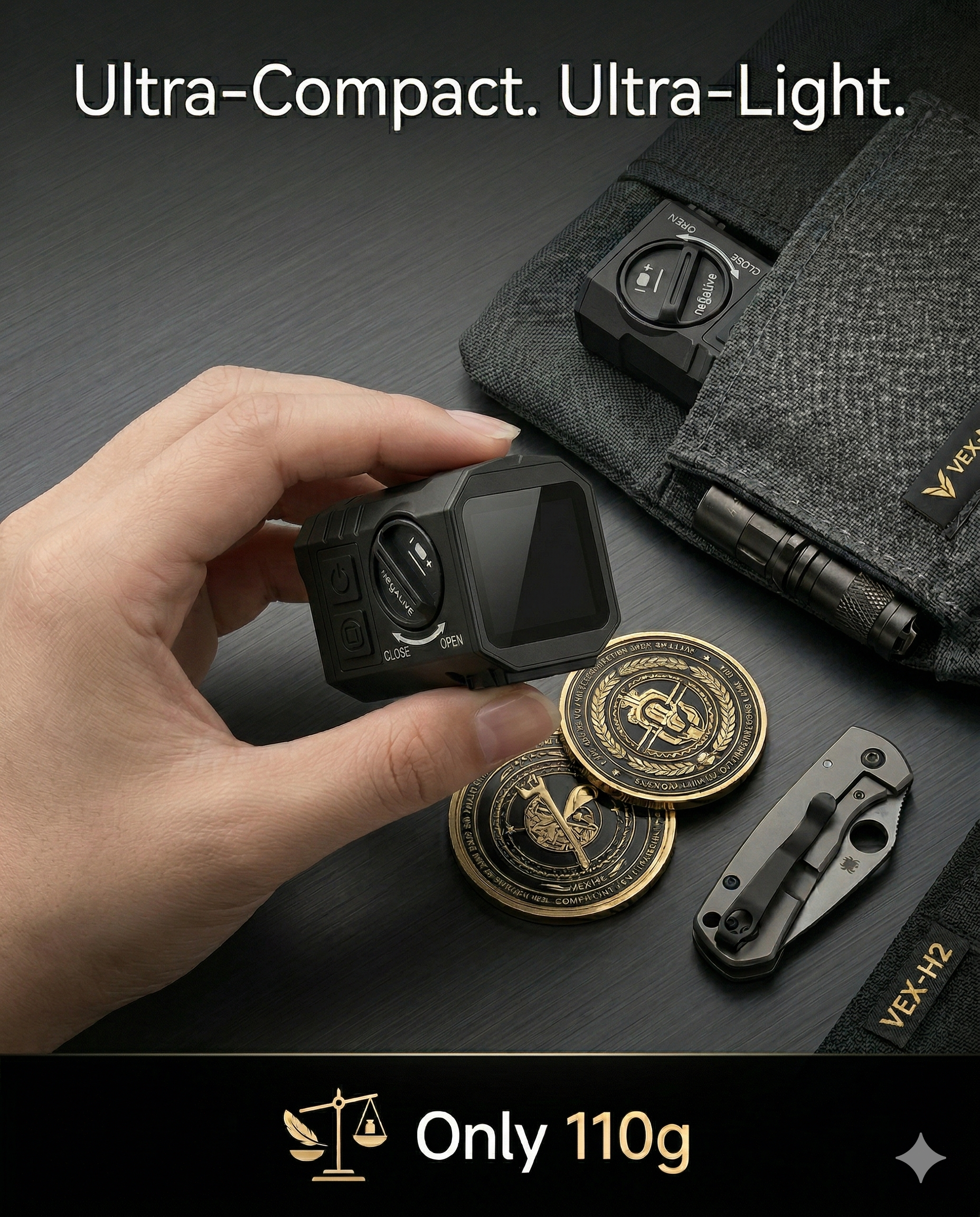 Man holding the Caseeda VEX-H2 thermal optic, highlighting its 110g ultra-lightweight and pocket-sized compact form factor