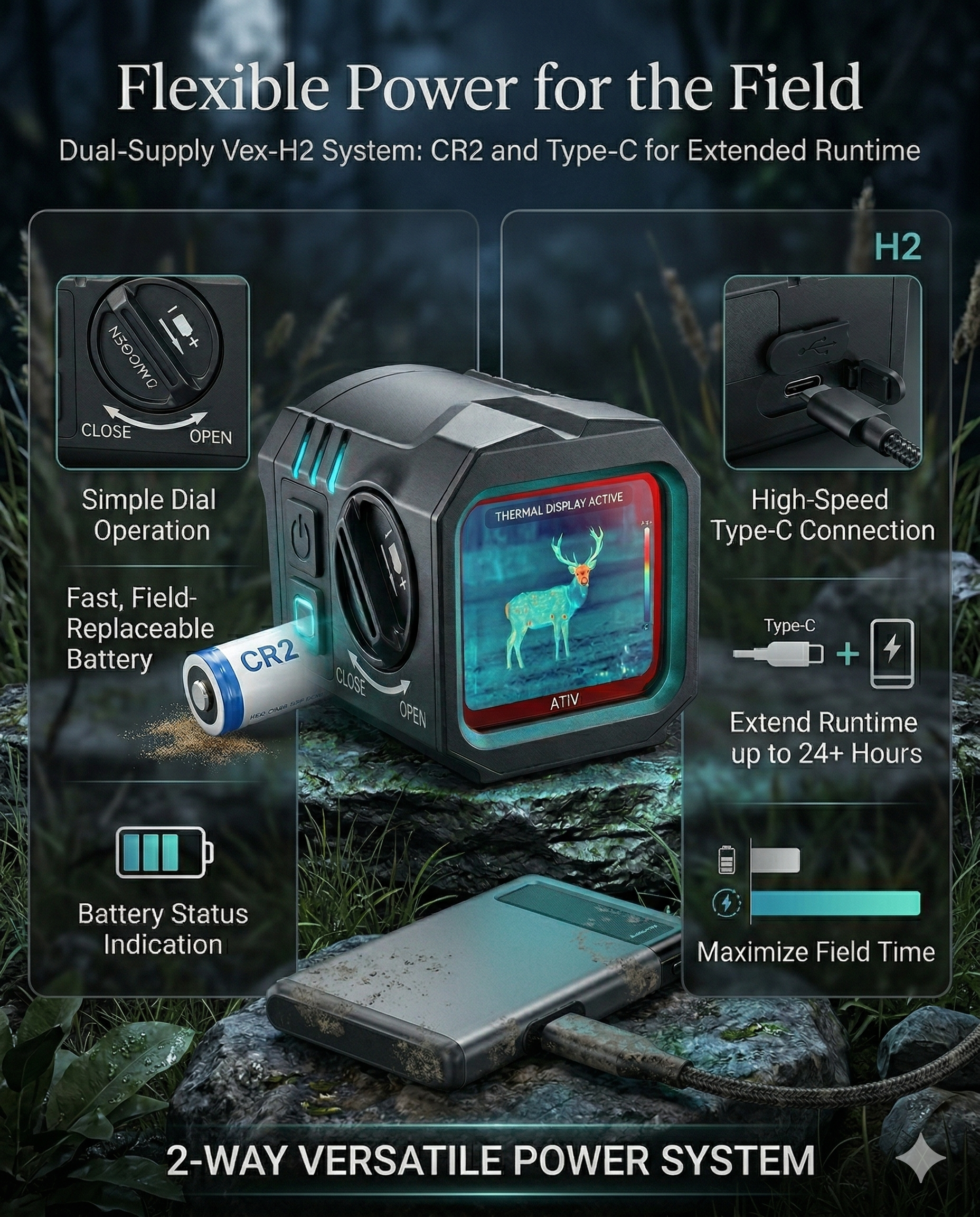 Caseeda VEX-H2 dual-supply power system featuring field-replaceable CR2 battery and Type-C connection for extended runtime