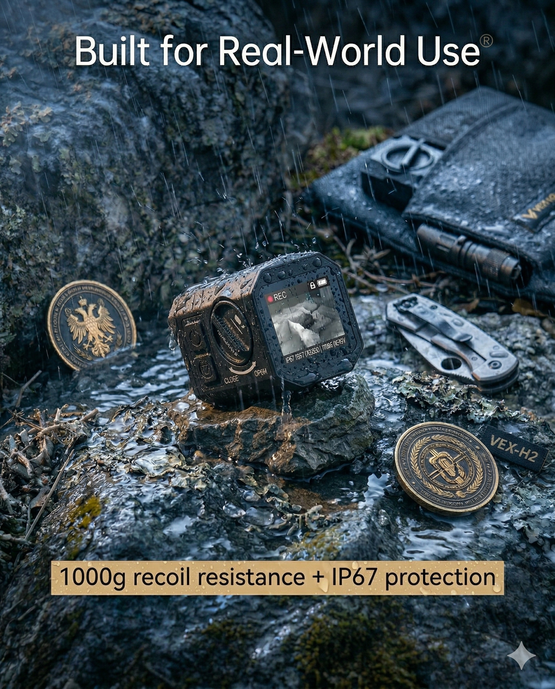 Caseeda VEX-H2 thermal scope showing IP67 waterproof protection and 1000g recoil resistance in rugged outdoor environments