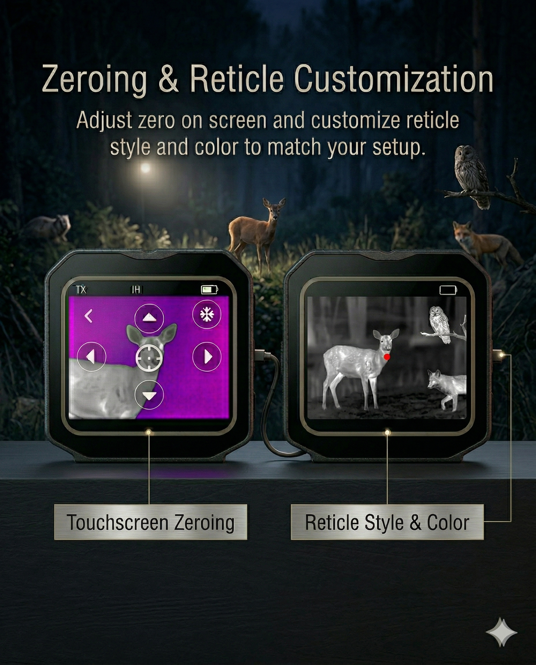 VEX-H2 compact thermal optic showing touchscreen zeroing and customizable reticle style and color on the display